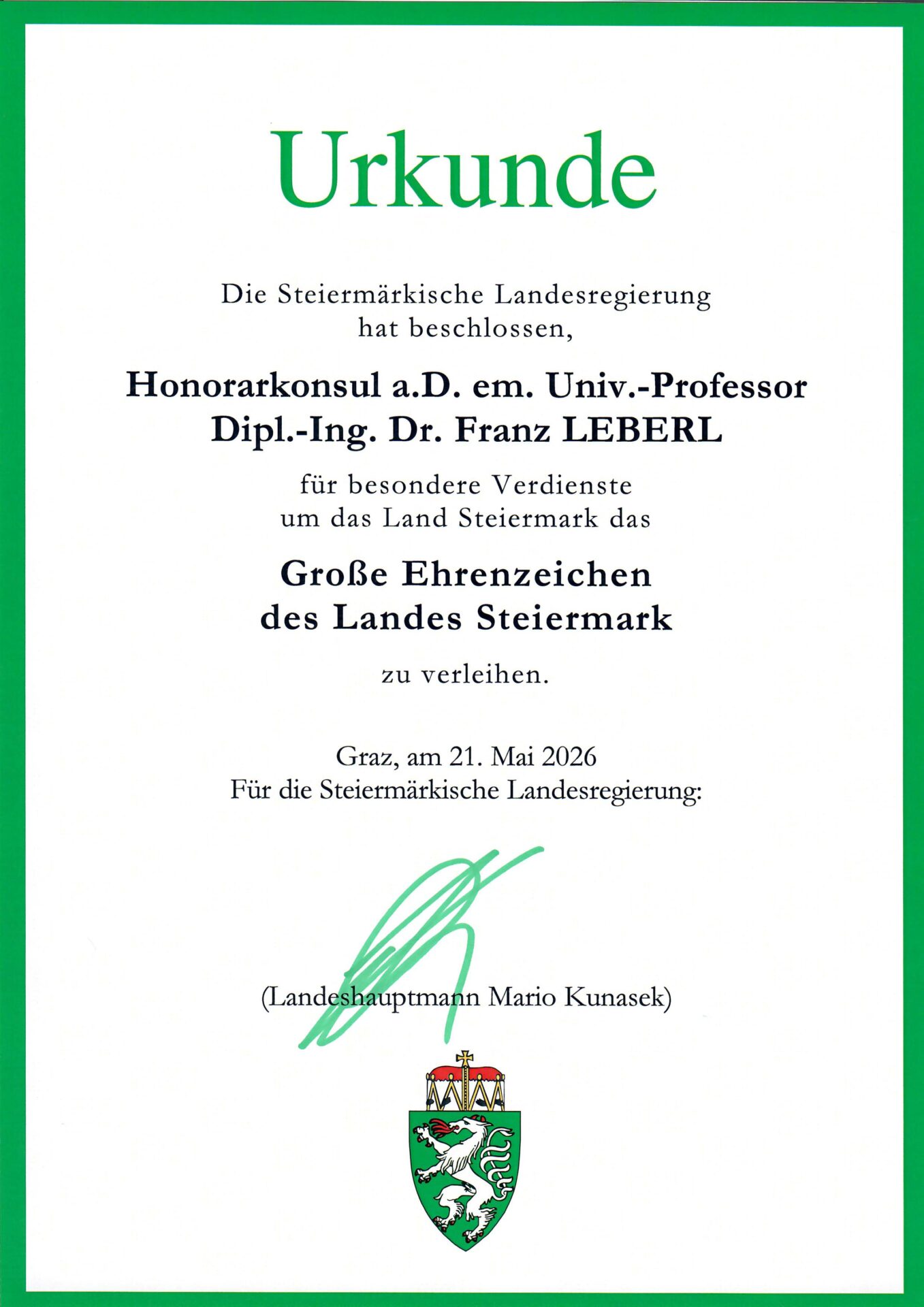 Steirisches Ehrenzeichen Urkunde